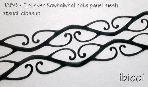 ibicci Maori Kowhaiwhai 'Flounder' Cake Mesh Stencil - Closeup after airbrushing on art paper